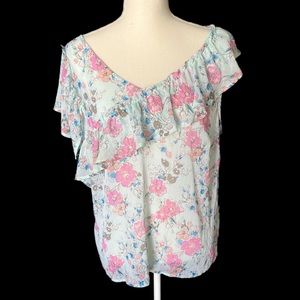 A New Day Blouse XL Floral Boho Cottagecore Sheer Ruffled V Neck Flowy Top